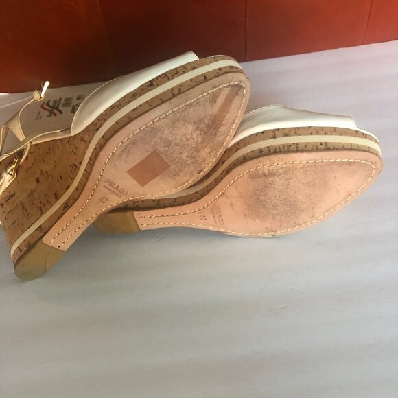 PRADA: Off-White Patent Leather Cork Wedge Sandals EU 40 / US 9 1/2 - Picture 9 of 9